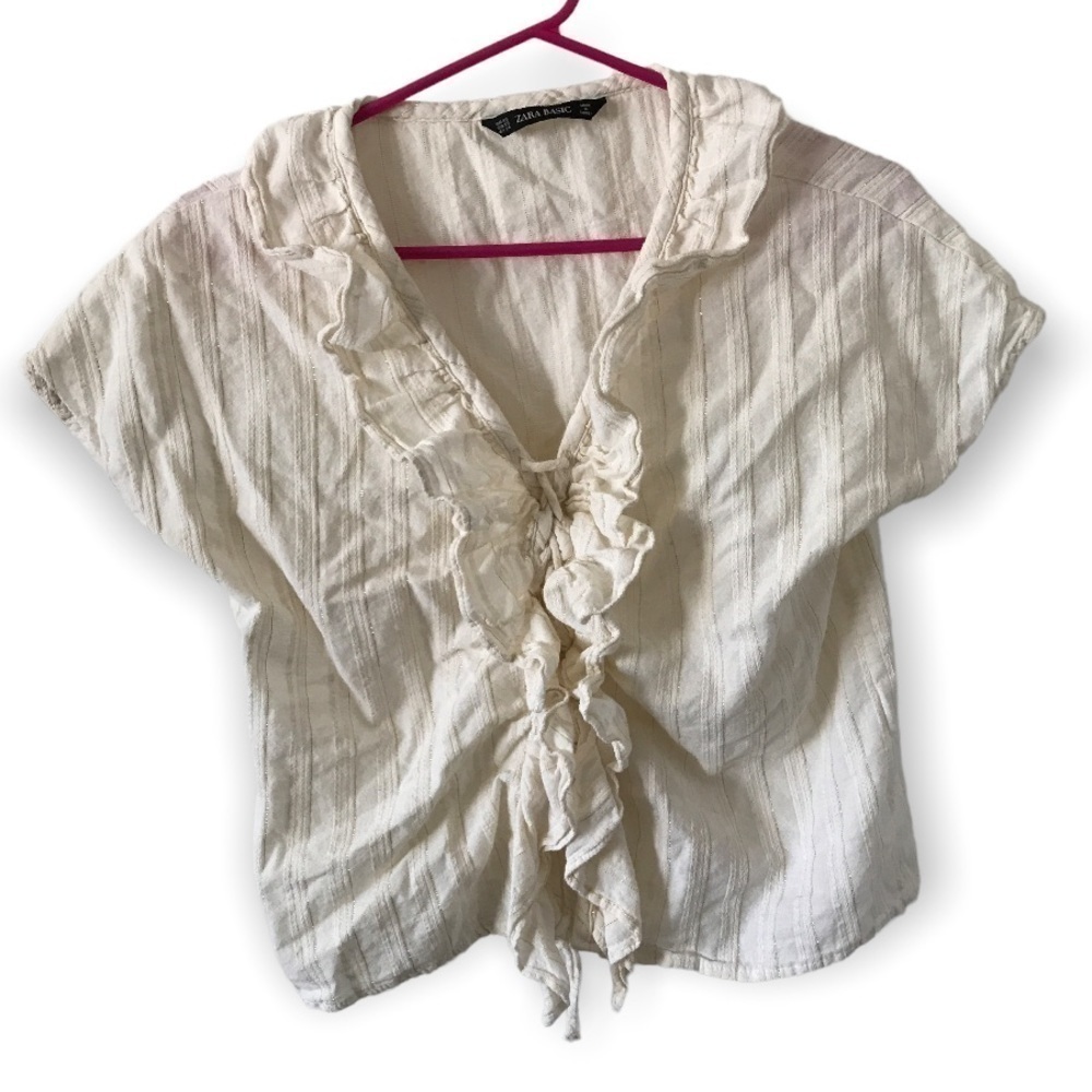 3/$15 Zara basic off white short sleeve ruffle and braided top (T8)